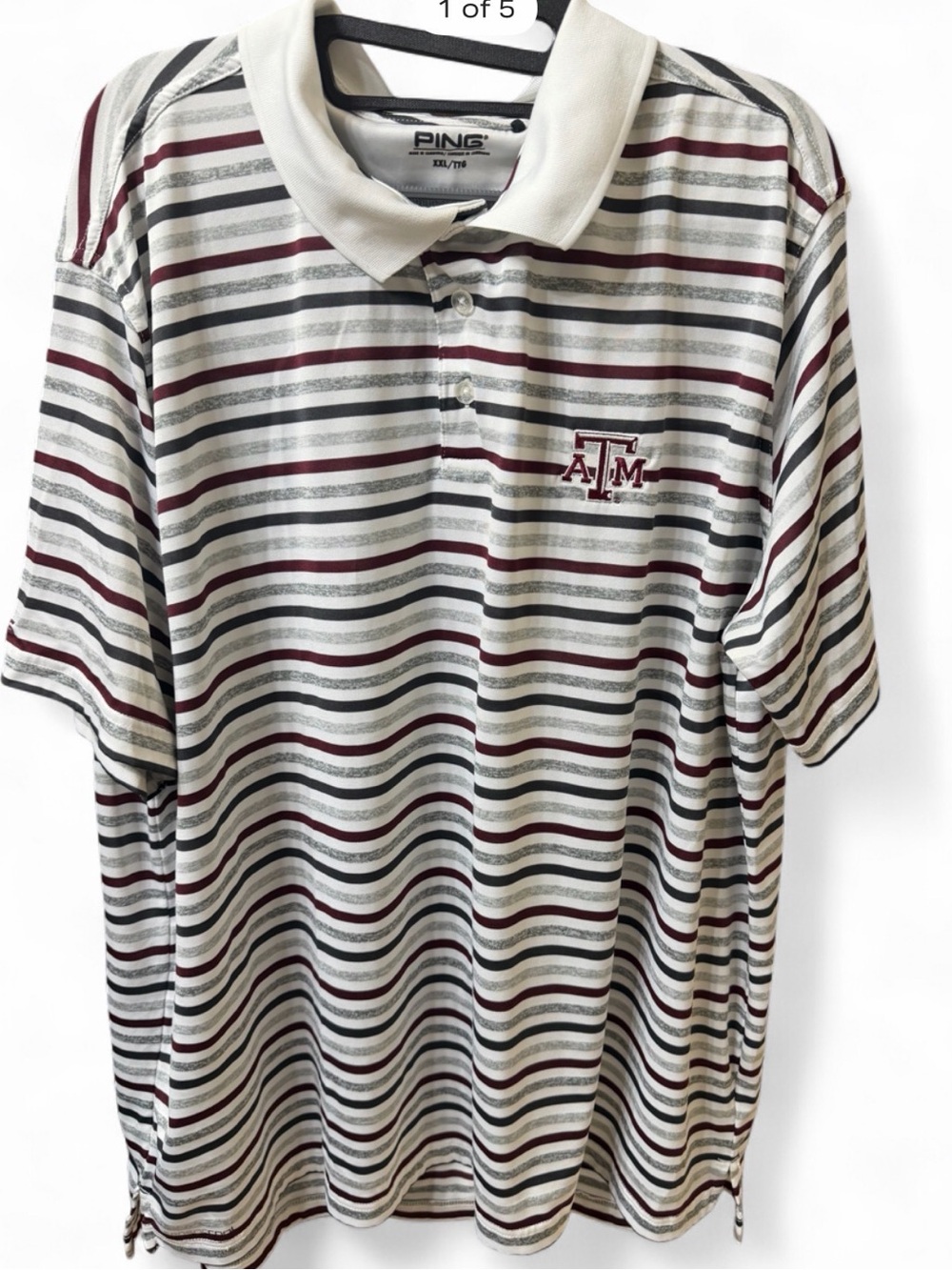 PING Men's Striped Polo in White, Maroon & Gray